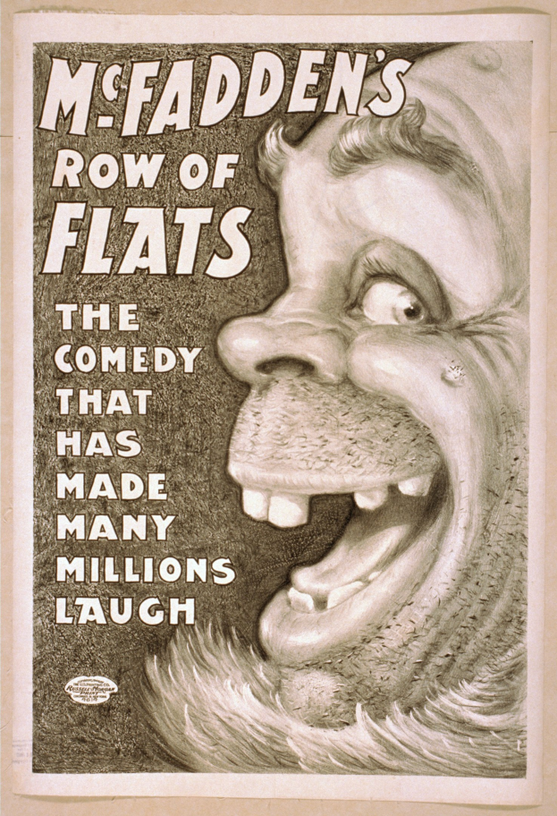 Plakat mit lachendem Menschen mit wildem Haar vor gelbem Hintergrund, bewirbt "McFadden's Row of Flats: The Comedy That Has Made Many Millions Laugh."