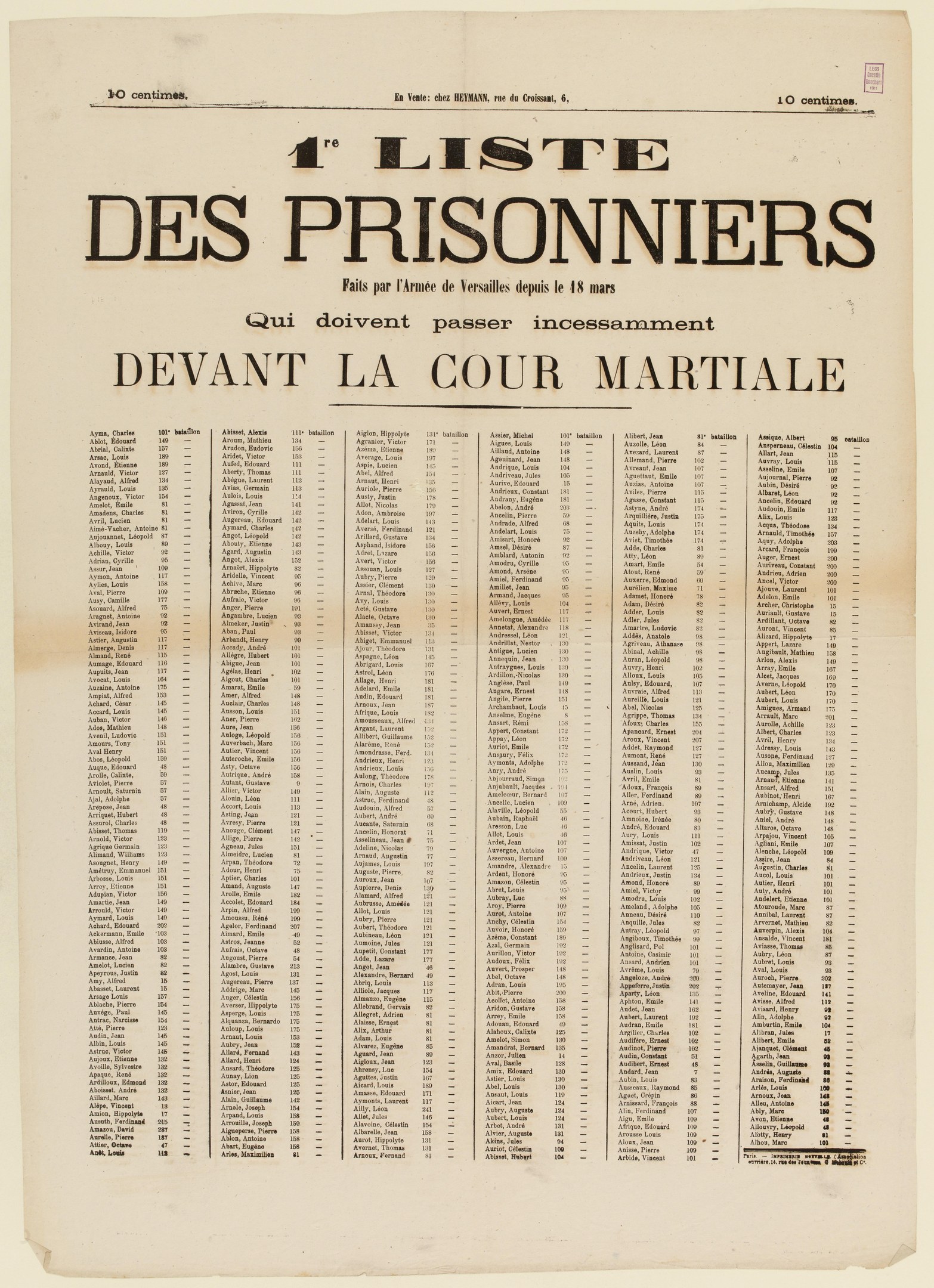 Eine vergilbte alte Zeitung mit einer Liste von Häftlingen in zwei Spalten.