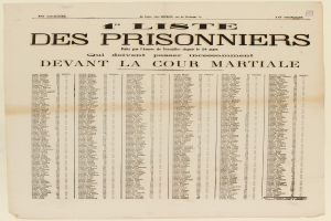 Eine vergilbte alte Zeitung mit einer Liste von Häftlingen in zwei Spalten.