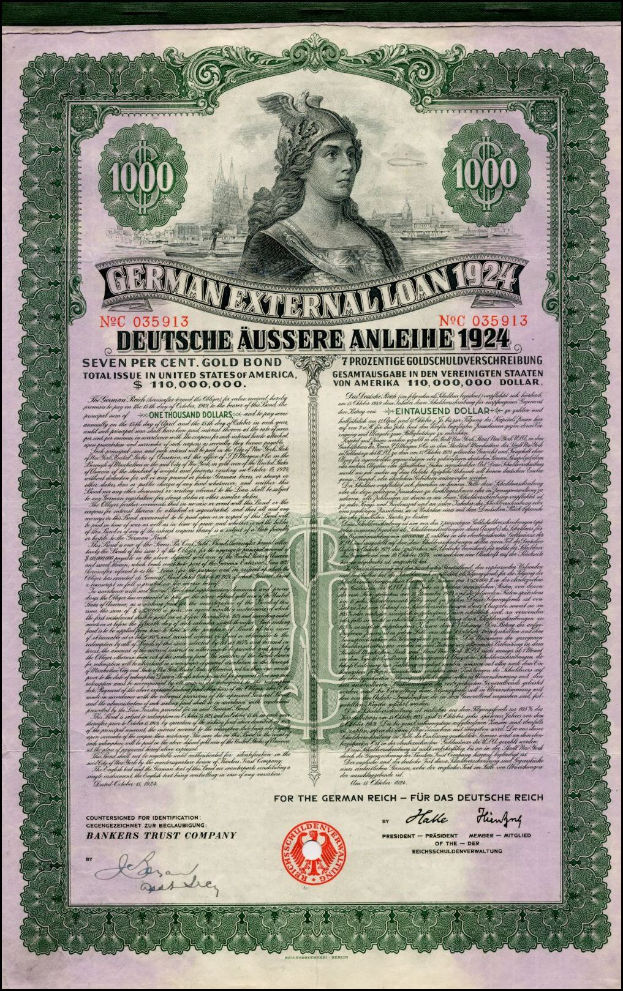Deutsches Auslandsanleihe-Zertifikat aus dem Jahr 1924 mit einer Frauendarstellung, mit gedrucktem Text und numerischen Nennbetragsmarkierungen.