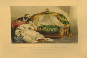 Die Prinzessin Royal, Queen Victoria und Prince Albert sitzen mit einem Baby auf einem Bett, ein Mann steht neben ihnen und Text unten im Bild.