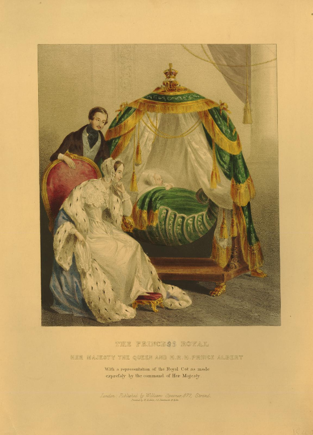 Die Prinzessin Royal, Queen Victoria und Prince Albert sitzen mit einem Baby auf einem Bett, ein Mann steht neben ihnen und Text unten im Bild.