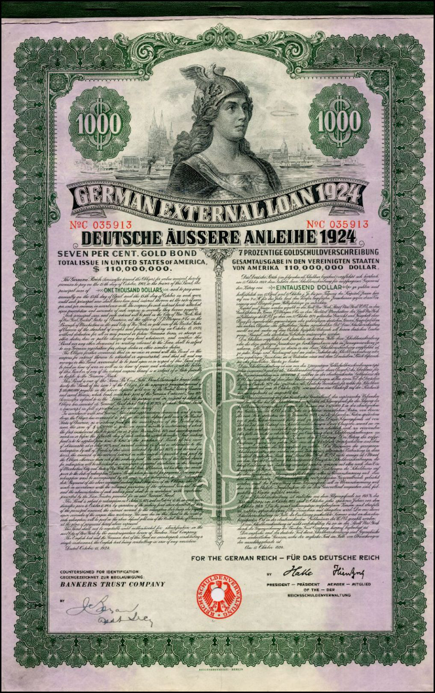 Eine 1924 deutsche Auslandsdarlehen-Banknote mit einem Porträt einer Frau, mit Text und Zahlen, die ihre Nennwert angeben.