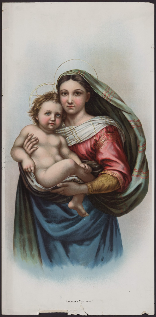 Frau in einem roten und blauen Kleid, die ein Baby hält, mit geschlossenen Augen und leicht geöffneten Lippen, mit zurückgebundenem Haar.