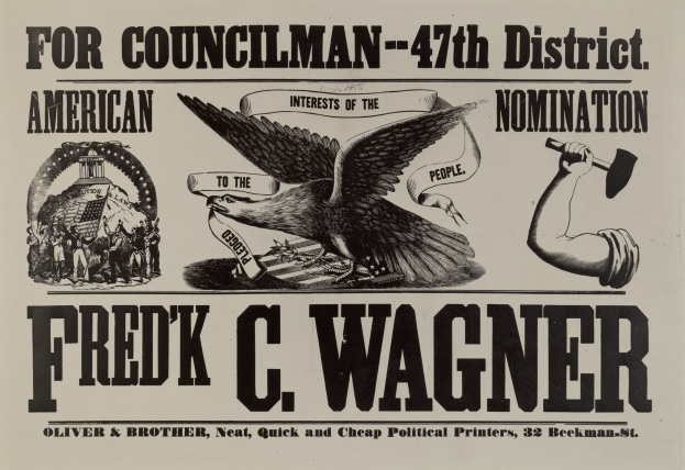 Plakat für die amerikanischen Nominierungen des Stadtrats-47. Bezirk mit einem Adler, einer Hand mit einem Hammer und dem Namen "Fred C Wagner" oben.