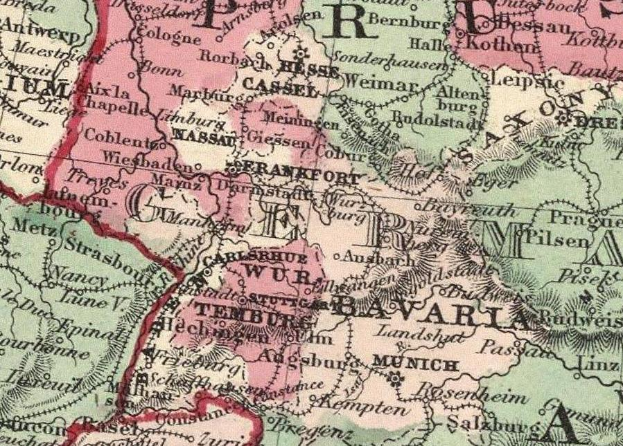 Ein altes Deutschland-Karte mit den Provinzen Bayern hervorgehoben, gefüllt mit detaillierten Texten über die Region.