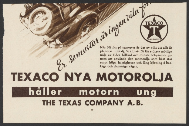 Werbungstafel für die Texas Company A.B. Motorola mit einem Auto in der Mitte und umgebendem Text.