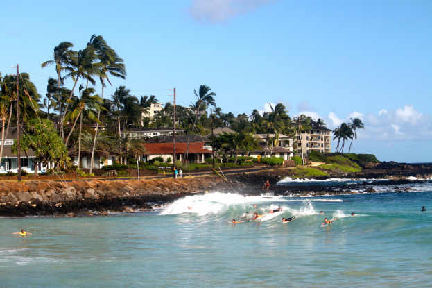 Menschen, die in einem Gewässer umgeben von Steinen, Pflanzen, Gras, Bäumen, Gebäuden und Mästen mit Lichtern und Kabeln unter einem klaren Himmel schwimmen.