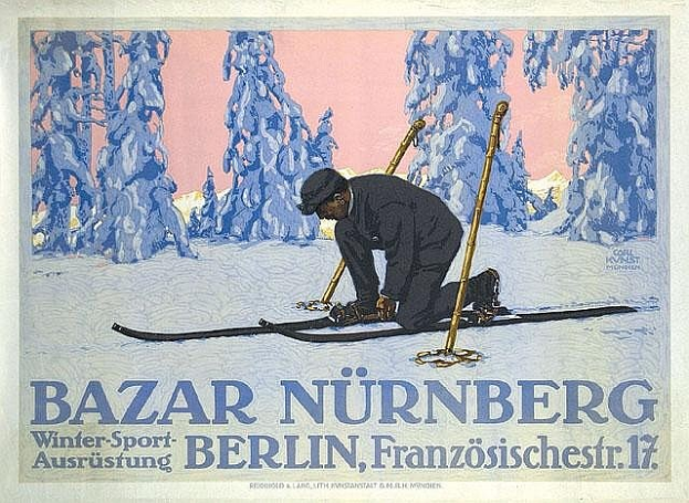 Plakat zum Bazar Nürnberg Winter Sport in Berlin, Deutschland, mit einer Person beim Skifahren vor einem Waldhintergrund und Textdetails zum Event.