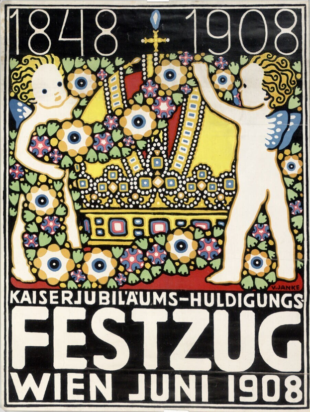 Ein Plakat für ein Festival in Wien, Österreich, das ein Gemälde von einem Jungen und einem Mädchen zeigt, die Arm in Arm nebeneinander stehen, begleitet von Text.