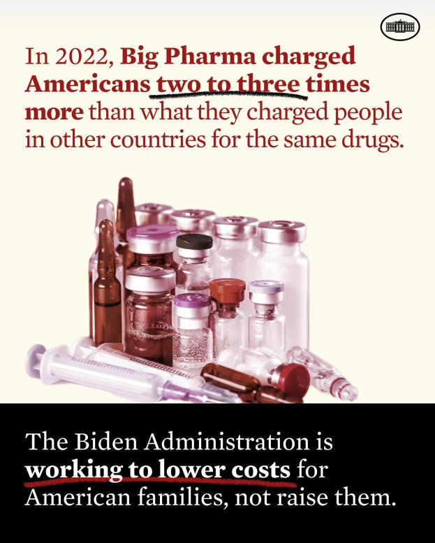 Plakat zeigt, dass Big Pharma Amerikaner im Jahr 2022 zwei bis drei Mal so viel für dieselben Medikamente berechnet hat wie in anderen Ländern, mit Bildern von Medikamentenflaschen und einer Spritze.