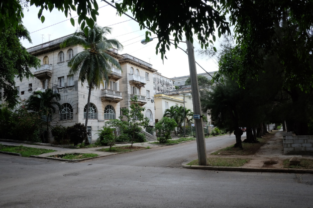 Gebäude mit Fenstern, Bäumen, kleinen Büschen, einem Strommast, einer Straßenlaterne und einer Straße.