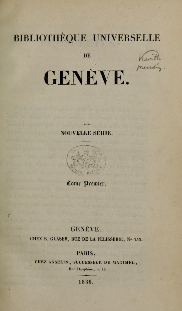 Altes Buch mit dem Titel 'Bibliothèque Universelle de Genève' offen, um Text im Inneren zu zeigen.