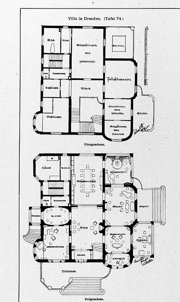 Ein Schwarz-Weiß-Bodenplan-Zeichnung eines Hauses mit mehreren Räumen, die mit Details über die Raumzahl und -größen beschriftet sind, die als Villa in Dresden, Deutschland, identifiziert werden.