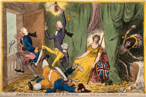 Cartoon of a distressed man in a blue suit lying on the floor and a woman in a yellow dress sitting on a chair holding an object, with curtains and a door in the background and the text "Britishia between Death and the Doctors" at the bottom.