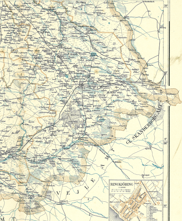 Ein altes Straßenkarte von Rinkjöbing, Deutschland, auf Papier gedruckt, zeigt Straßen, Autobahnen und andere Merkmale mit Text und Zahlen.