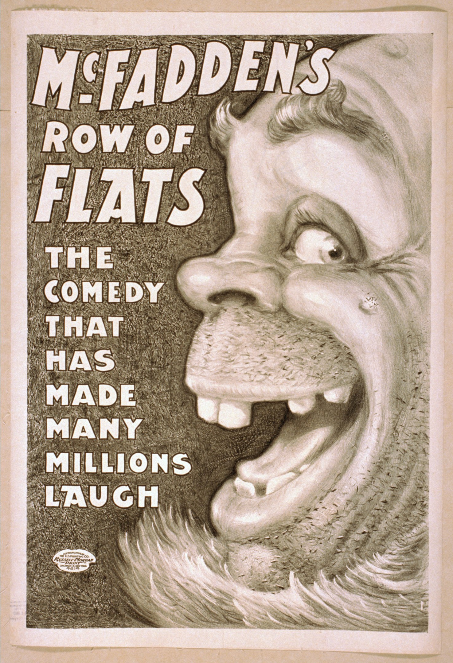 Plakat einer lachenden Person mit wildem Haar auf einem hellgelben Hintergrund, das den Text "McFadden's Row of Flats: The Comedy That Has Made Many Millions Laugh" zeigt.