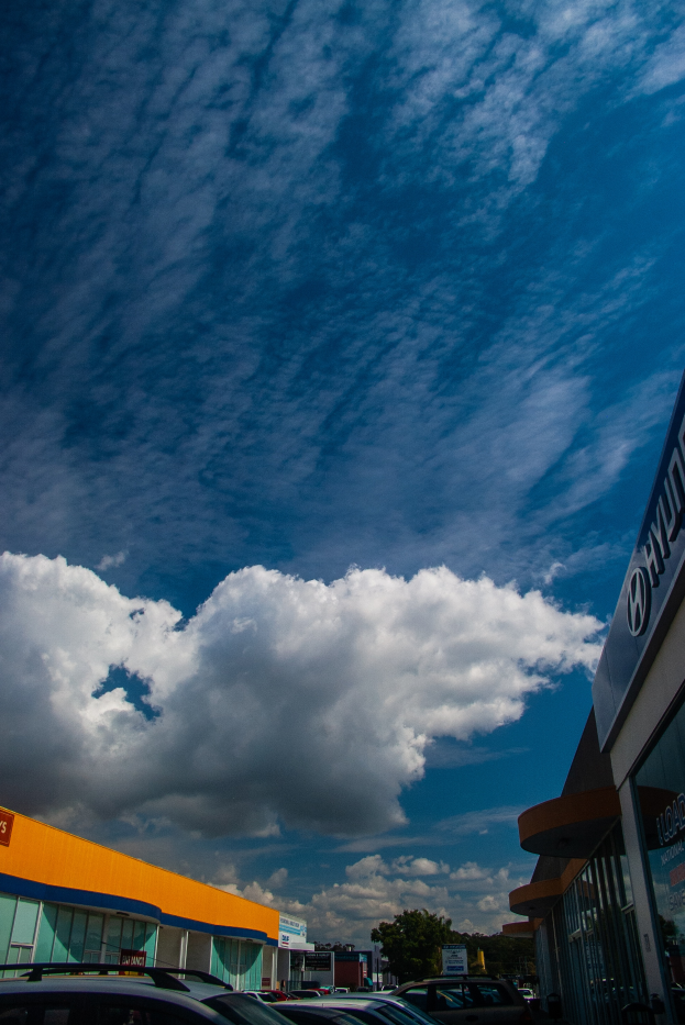 Ein Autohaus mit mehreren parkenden Autos vorne, umgeben von Gebäuden mit Namensschildern, Bäumen und einem bewölkten Himmel im Hintergrund.