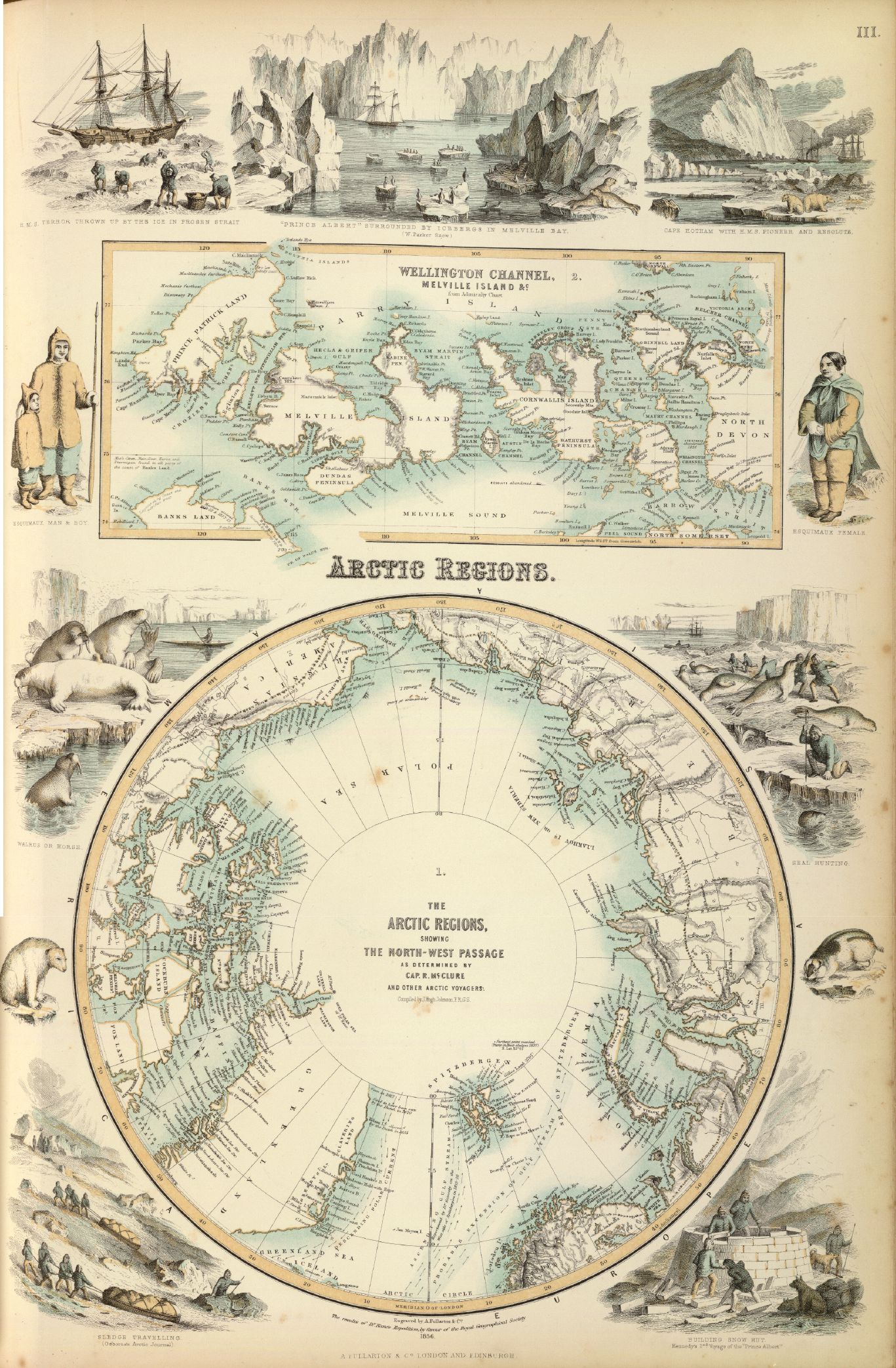 Ein altes Buch mit einer detaillierten Karte der Arktisregion, illustriert mit Bildern von Menschen, Tieren und Text.