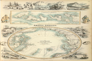 Ein altes Buch mit einer detaillierten Karte der Arktisregion, illustriert mit Bildern von Menschen, Tieren und Text.