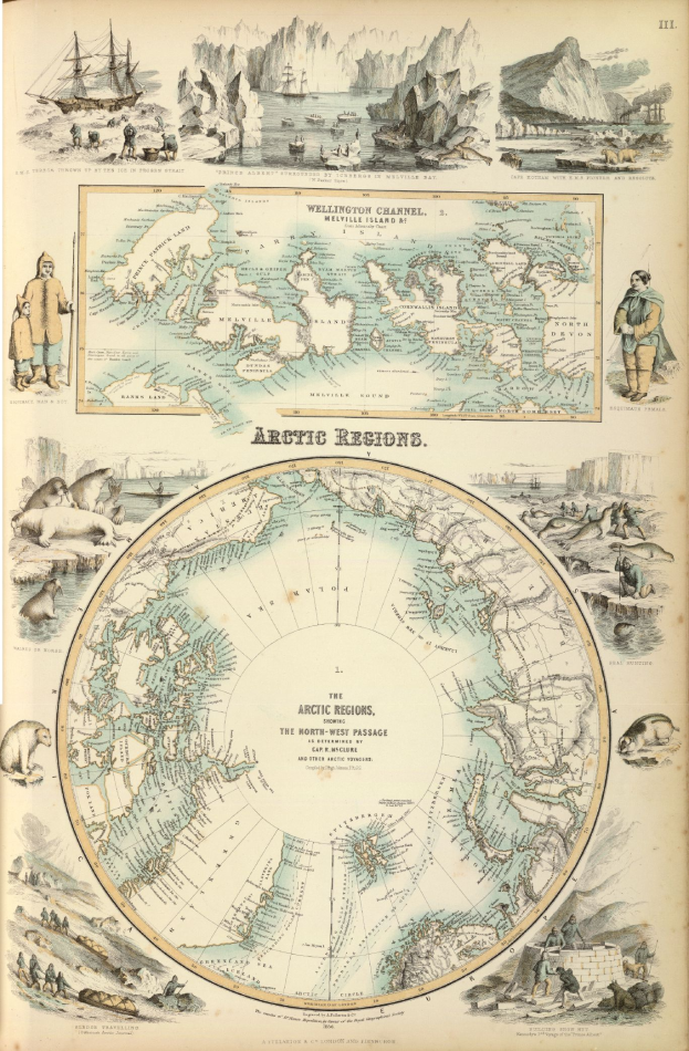 Ein altes Buch mit einer detaillierten Karte der Arktisregion, illustriert mit Bildern von Menschen, Tieren und Text.