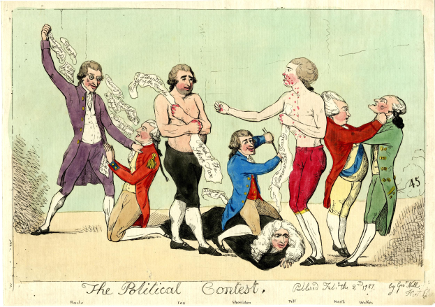 Eine politische Karikatur, die eine Gruppe von Menschen in verschiedenenfarbigen Kleidern zeigt, wobei eine Person in der Mitte liegt und unten ein Text steht, der "Der politische Wettbewerb" lautet.