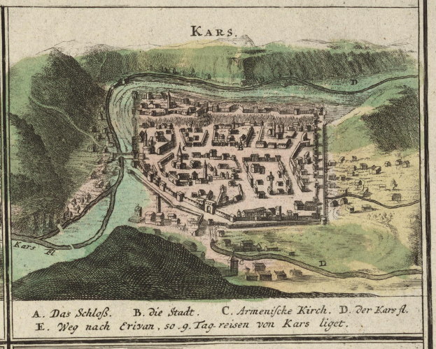 Alte Karte von Karlsruhe, Deutschland, die Gebäude, Bäume, Hügel, einen gewundenen Fluss und Text auf Papier unten zeigt.