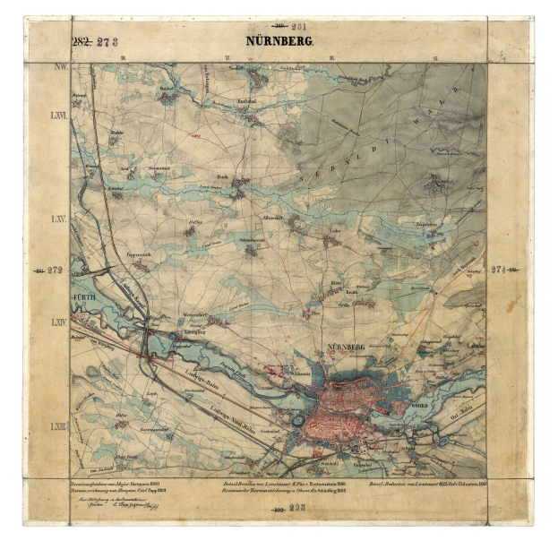 Detailierte alte Karte von Nurnberg, Deutschland, mit Text oben und unten, die Straßen, Gebäude und Sehenswürdigkeiten zeigt.