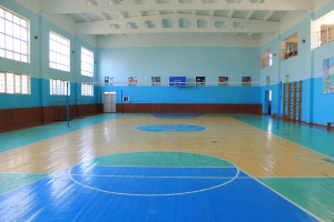 Ein geräumiger Turnsaal mit einem blauen und weißen Boden, der einen Basketballplatz mit einem Netz und Pfosten, eine Tür, Fenster, Plakate an den Wänden, ein Geländer und ein Dach zeigt.