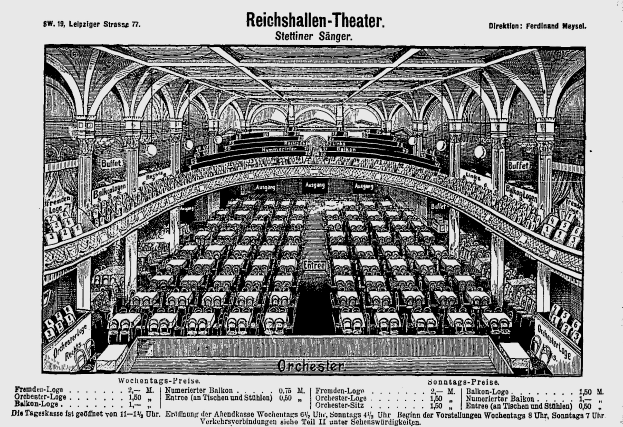 Eine Schwarz-Weiß-Zeichnung des Reichshallen Theaters in Berlin, Deutschland, zeigt das Auditorium mit Sitzreihen, Säulen und einer Decke, mit Text unten.