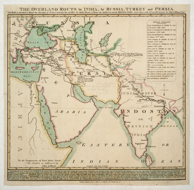 Ein detaillierter Papierplan, der Überlandrouten nach Indien, Russland, Türkei und Persien zeigt, mit Ländern, Grenzen, wichtigen Städten, Gewässern und textuellen Routeninformationen.