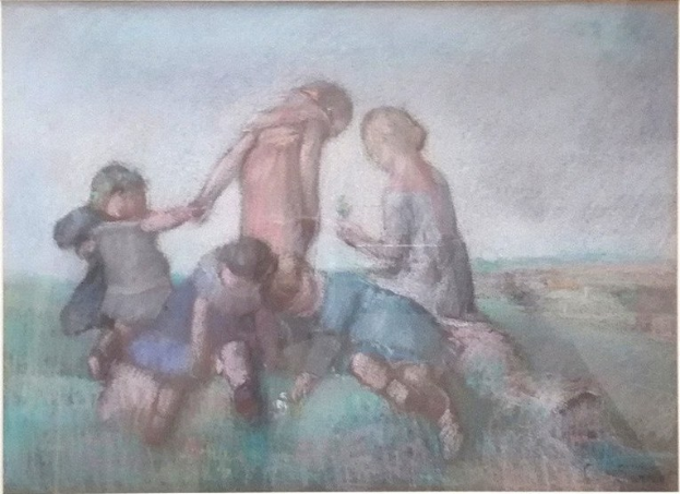 Malerei von Kindern, die fröhlich in einem hellen, bunten Feld spielen, in einem Foto Rahmen.