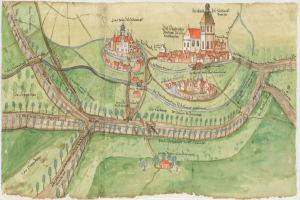 Eine Karte einer Stadt mit einer Burg in der Mitte, umgeben von Gebäuden, Bäumen, Straßen und Gras, mit zusätzlichem Text, der Details zur Stadt liefert.