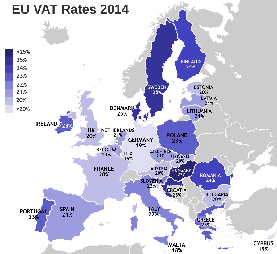Eine Europakarte, die die EU-Mehrwertsteuersätze für 2014 mit Prozentangaben und TextAnnotation zeigt.