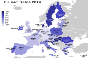Eine Europakarte, die die EU-Mehrwertsteuersätze für 2014 mit Prozentangaben und TextAnnotation zeigt.