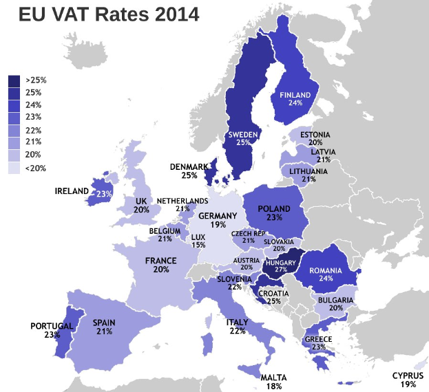 Eine Europakarte, die die EU-Mehrwertsteuersätze für 2014 mit Prozentangaben und TextAnnotation zeigt.