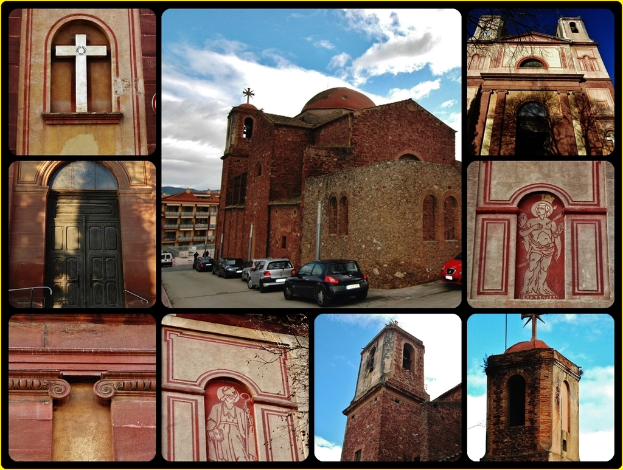 Eine Collage aus neun Bildern mit einem zentralen Gebäude, parkenden Autos davor, einem Kreuzsymbol oben links, einem weiteren Gebäude oben rechts und zusätzlichen Gebäuden unten.