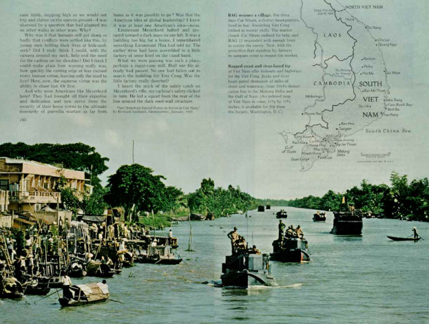 Ein Artikel mit Text und einer Karte, mit Wasser unten mit Booten voller Menschen, umgeben von Bäumen und einem Gebäude auf der linken Seite.