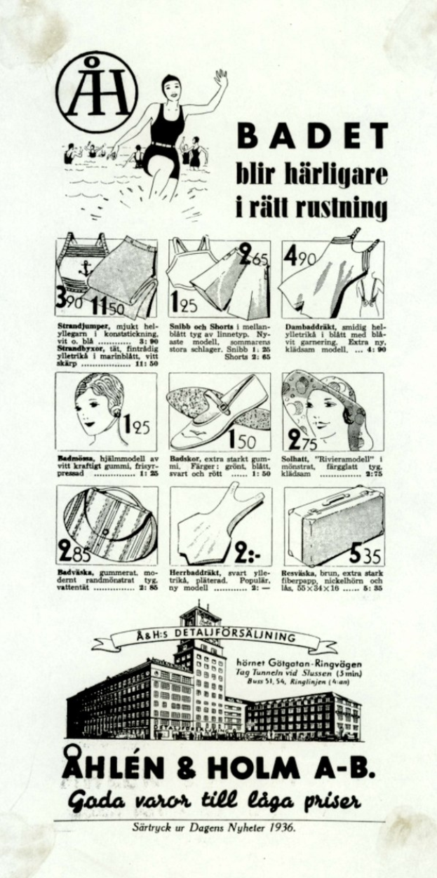 Anzeige für einen weißen und blauen gestreiften Bikini mit einer Frau mit Pferdeschwanz, die direkt in die Kamera schaut, vor hohen modernen Gebäuden mit fetter Schrift.