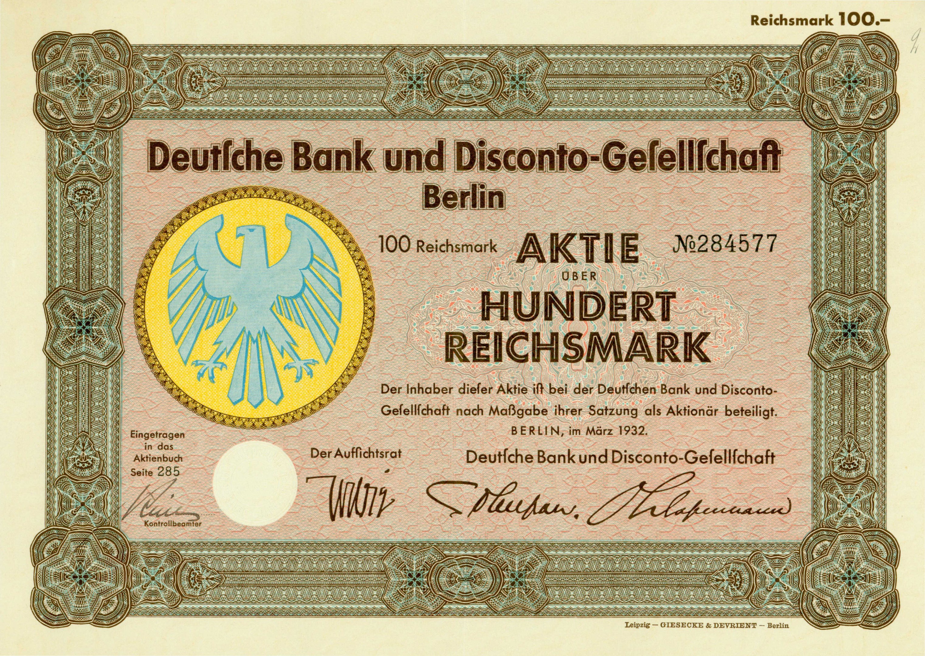 Alte deutsche Banknote mit einer Vogeldarstellung und dem Text "Deutsche Bank und Disconto-Gesellshaft Berlin".