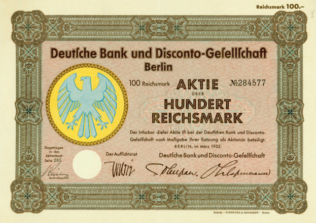Alte deutsche Banknote mit einer Vogeldarstellung und dem Text "Deutsche Bank und Disconto-Gesellshaft Berlin".
