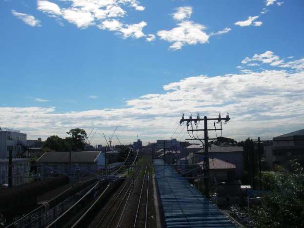 Eine Eisenbahnschiene verläuft durch die Mitte des Bildes, flankiert von Bäumen auf beiden Seiten, mit Gebäuden im Hintergrund, einem Strommast auf der rechten Seite und einem bewölkten Himmel darüber.