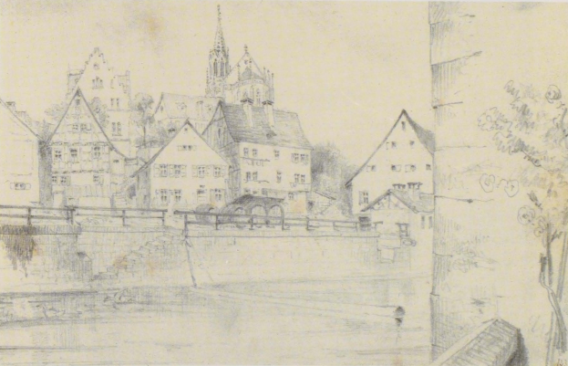 Ein Bleistiftbild mit dem Titel "Nürnberg, Deutschland" von Joseph Mallord William Turner, das eine Stadtansicht mit einem Fluss, Gebäuden, Bäumen und einer Brücke zeigt.