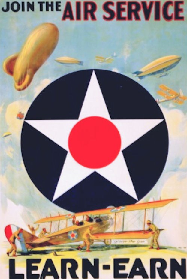 Plakat mit der Aufschrift "Beitreten Sie den Luftdienst - Lernen-Sie verdienen" und Bilder von Flugzeugen und Menschen im Hintergrund.