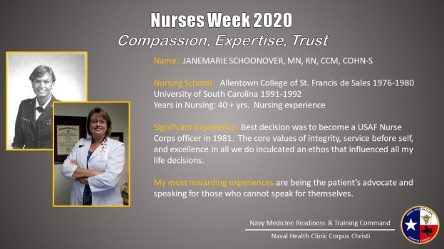 Plakat zur Nurses Week 2020 mit zwei Nurse-Fotos links und dem Text "Mitgefühl, Expertise, Vertrauen" rechts sowie einem Logo unten rechts.
