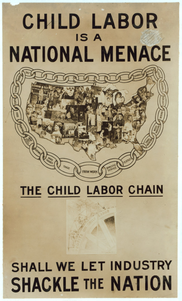 Plakat mit der Aufschrift 'Kinderabeit ist eine nationale Geißel - Sollen wir die Industrie das Land fesseln lassen' in fetter schwarzer Schrift auf einem weißen Hintergrund, das eine vielfältige Gruppe von Menschen zeigt, die gemeinsam stehen.