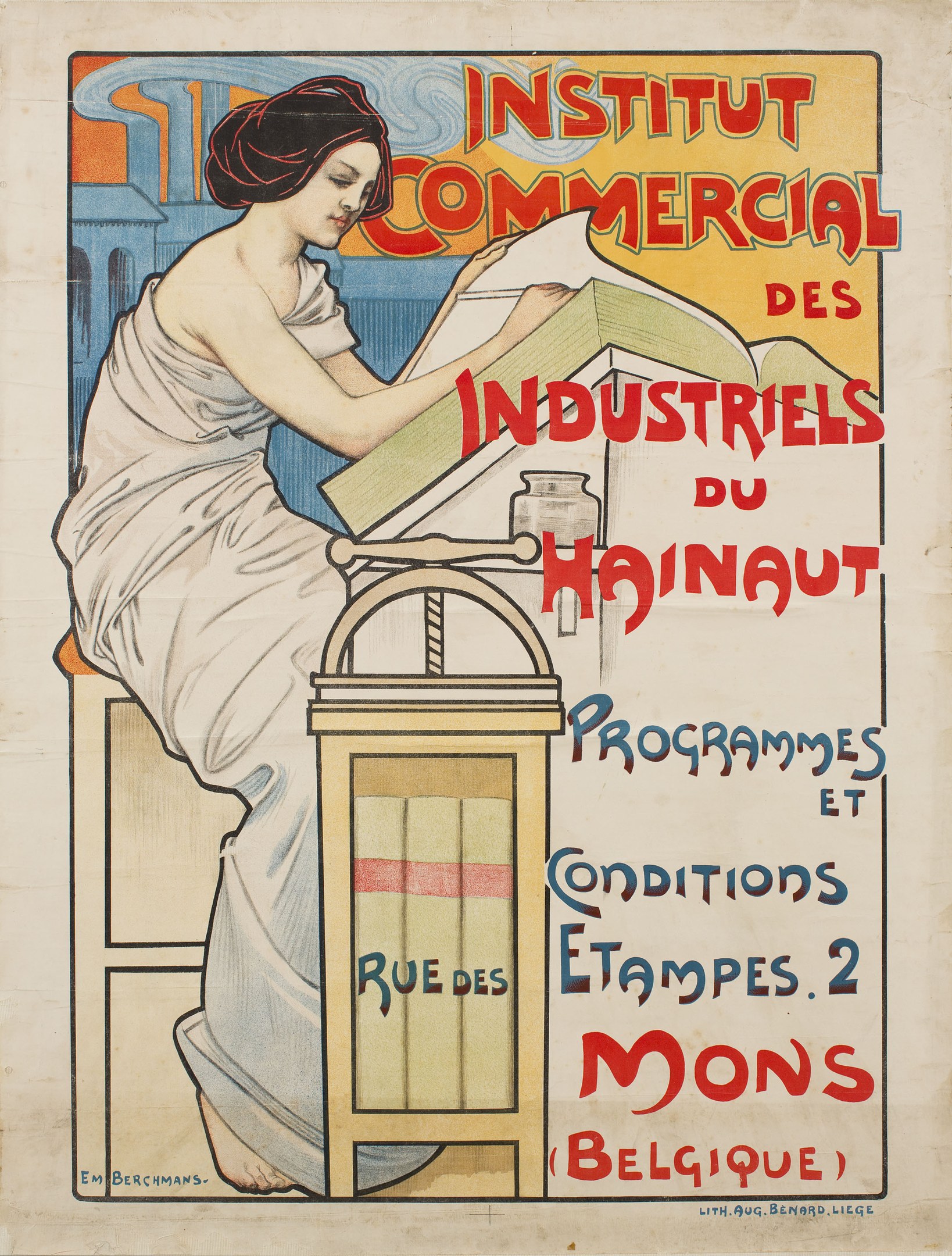 Plakat für das Institut Commercial des Industriels du Hainaut mit einer Frau an einem Tisch sitzend, die ein Buch hält, mit Text, der Details über das Institut bereitstellt.