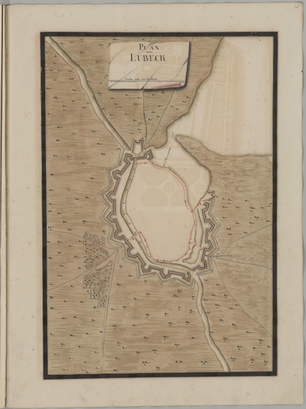 Ein altes Buch mit einer detaillierten Karte der Stadt Lübeck, das Straßen, Gebäude und Sehenswürdigkeiten zeigt, sowie Texten mit historischen und kulturellen Informationen.