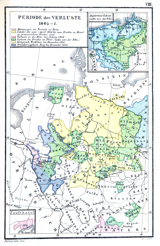 Eine Posterkarte von Deutschland während der Verluste-Zeit, mit farbigen Regionen und beschrifteten Städten, Ortschaften und geografischen Merkmalen.