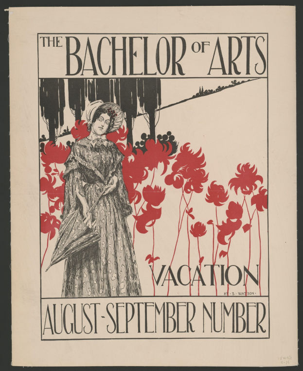 Plakat mit schwarzem Hintergrund, das eine Frau in einem weißen Kleid mit blauer Stola und weißem Hut mit einer Feder zeigt, die in einem Feld gelber Blumen unter einem blauen Himmel steht, mit Text, der 'The Bachelor of Arts Vacation August-September Number' in weißer Schrift umgeben von einem goldenen Rand liest.